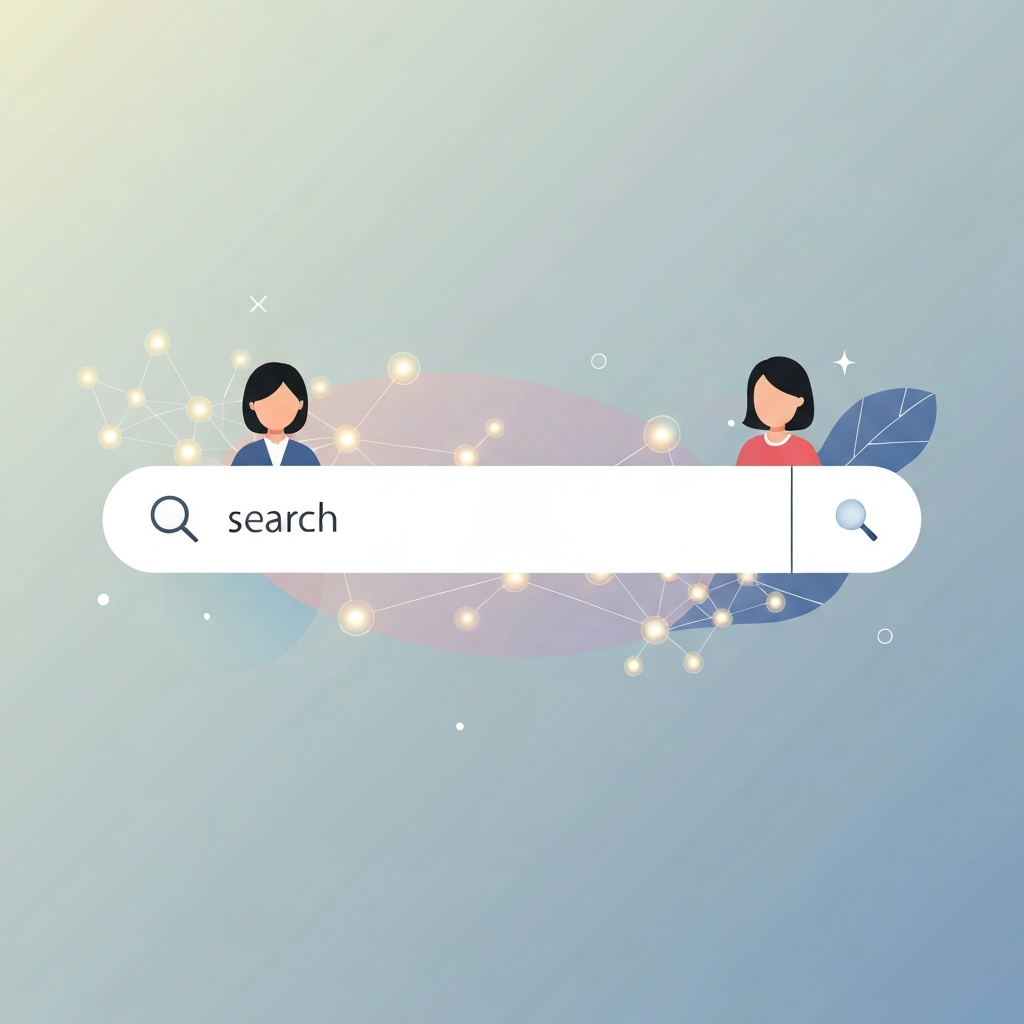 極簡風格插畫，描繪 Google AI 搜尋摘要的意象，包含搜尋欄和抽象的 AI 元素，背景為柔和漸層。