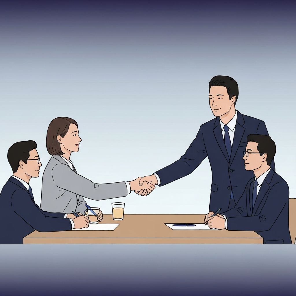 專業的亞洲人士與客戶握手，象徵信任與合作關係